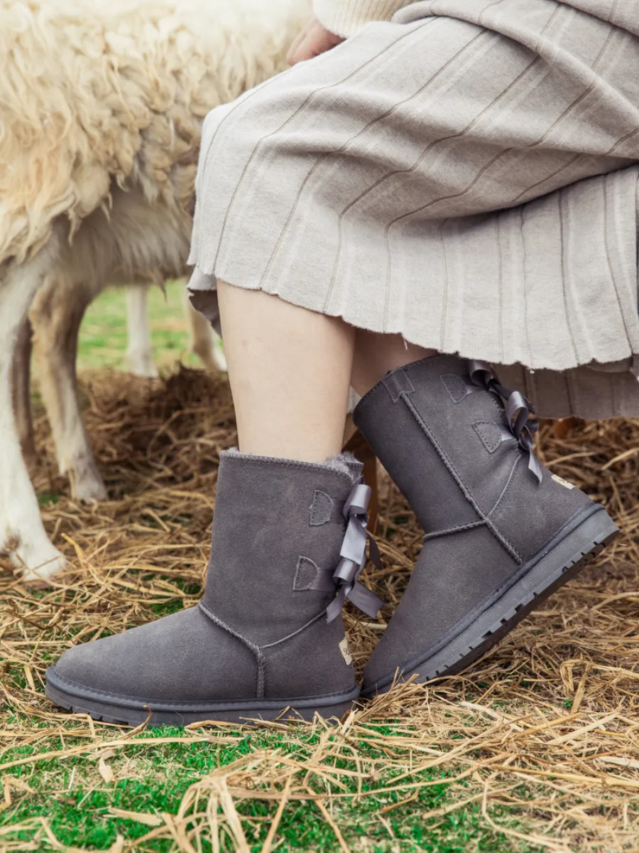Double-Bow Back Ribbon Suede Boots - Steel Grey