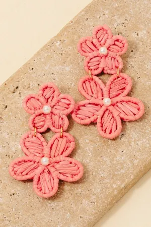 Double Raffia Flower Dangle Earrings- Coral