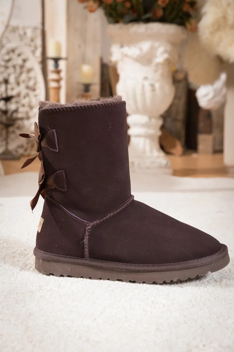 Double Ribbon Bow Suede Boot - Brown