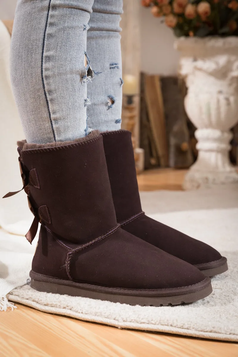 Double Ribbon Bow Suede Boot - Brown