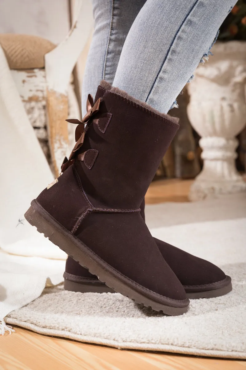 Double Ribbon Bow Suede Boot - Brown