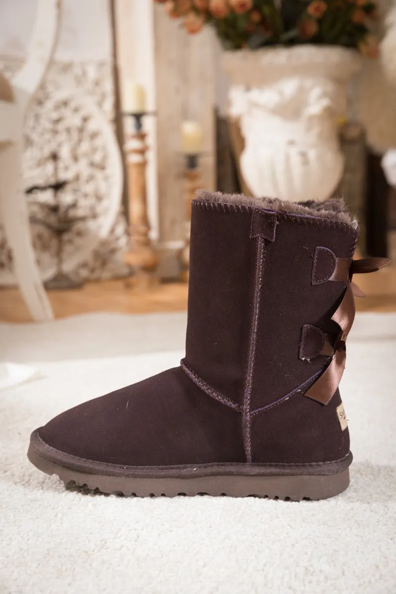 Double Ribbon Bow Suede Boot - Brown