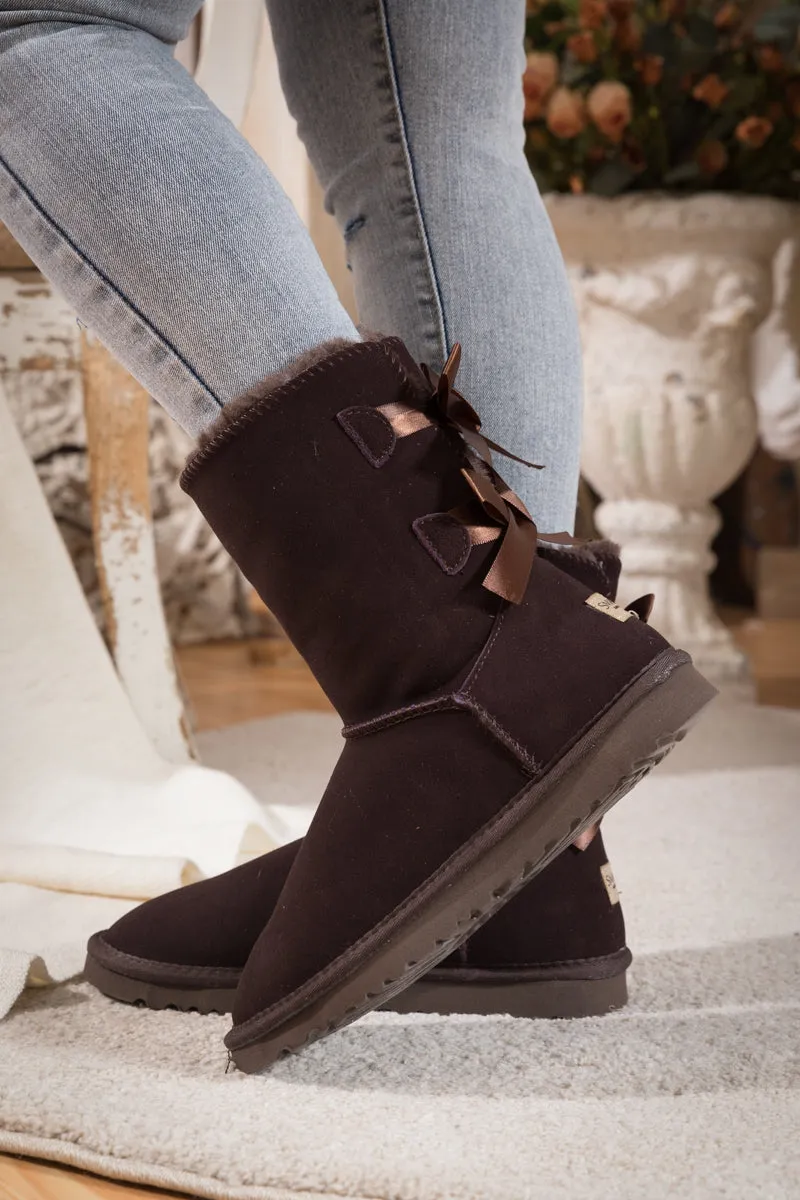 Double Ribbon Bow Suede Boot - Brown
