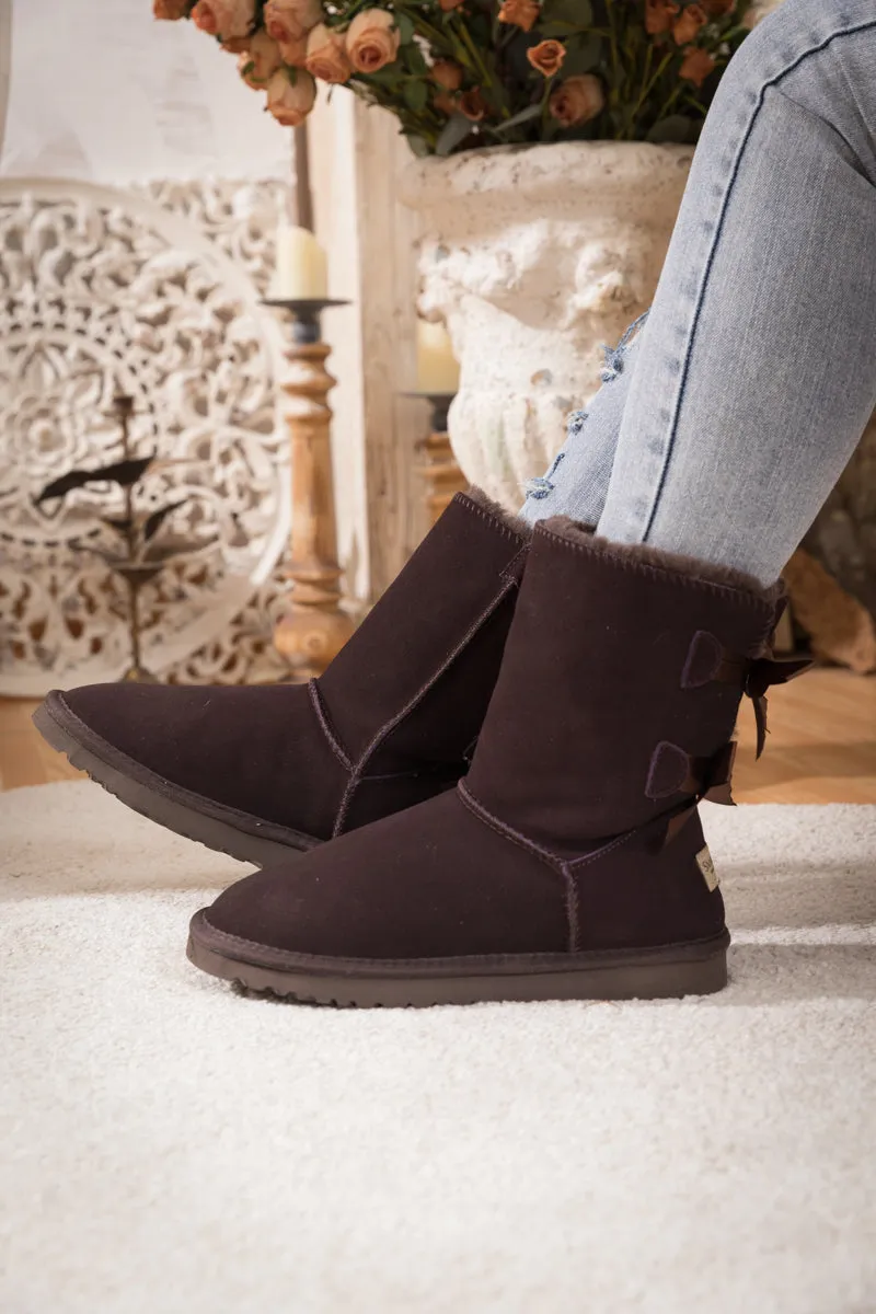 Double Ribbon Bow Suede Boot - Brown