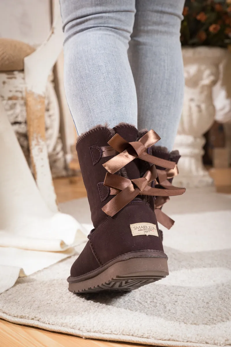 Double Ribbon Bow Suede Boot - Brown