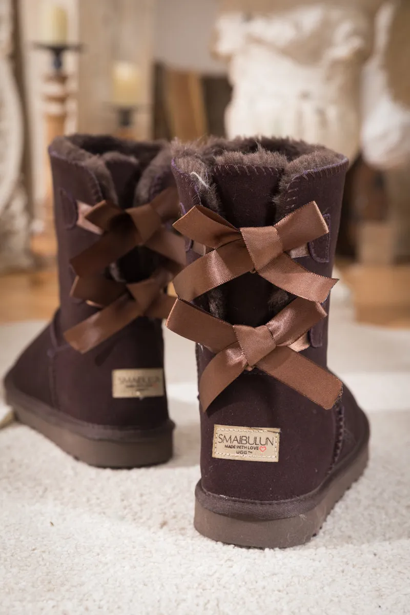 Double Ribbon Bow Suede Boot - Brown