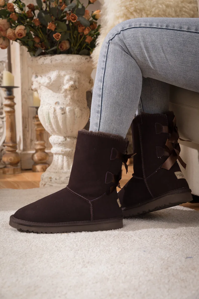 Double Ribbon Bow Suede Boot - Brown