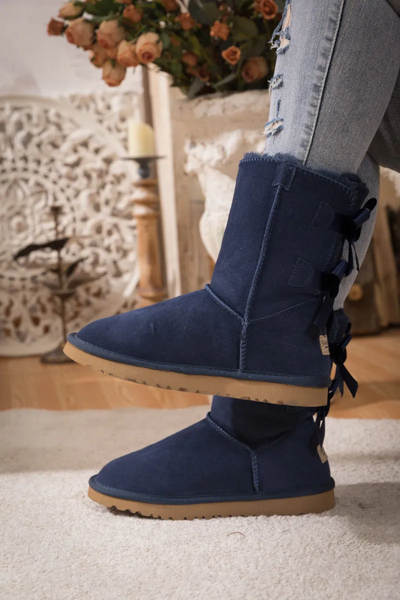 Double Ribbon Bow Suede Boot - Navy