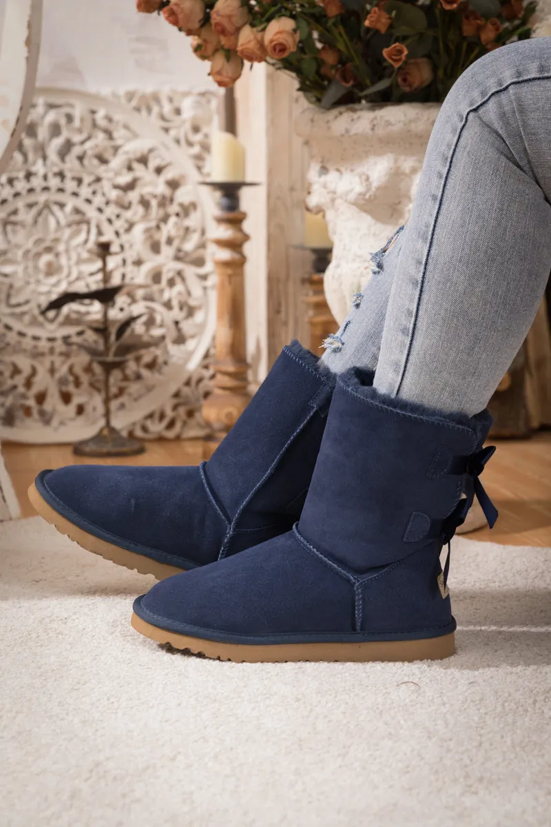 Double Ribbon Bow Suede Boot - Navy