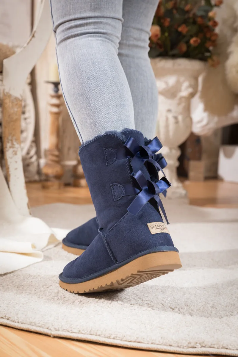 Double Ribbon Bow Suede Boot - Navy