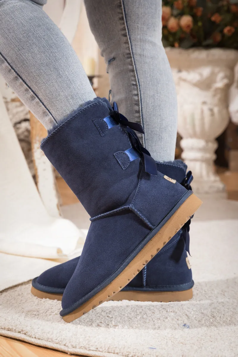 Double Ribbon Bow Suede Boot - Navy