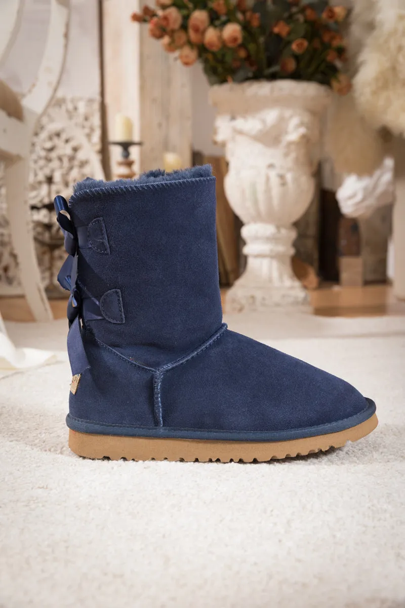 Double Ribbon Bow Suede Boot - Navy