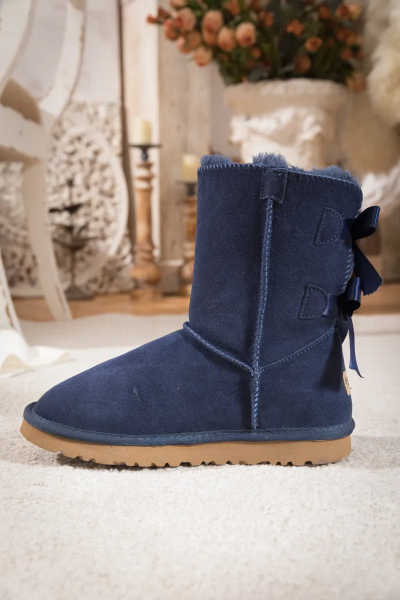 Double Ribbon Bow Suede Boot - Navy