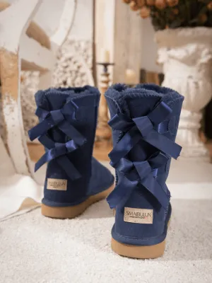 Double Ribbon Bow Suede Boot - Navy