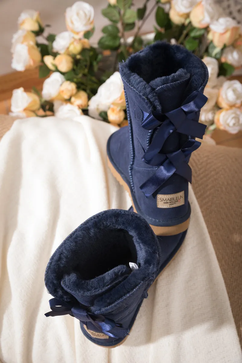 Double Ribbon Bow Suede Boot - Navy