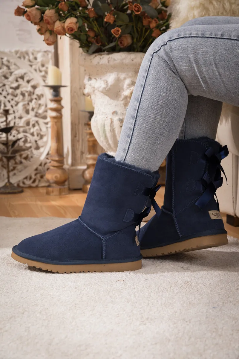 Double Ribbon Bow Suede Boot - Navy