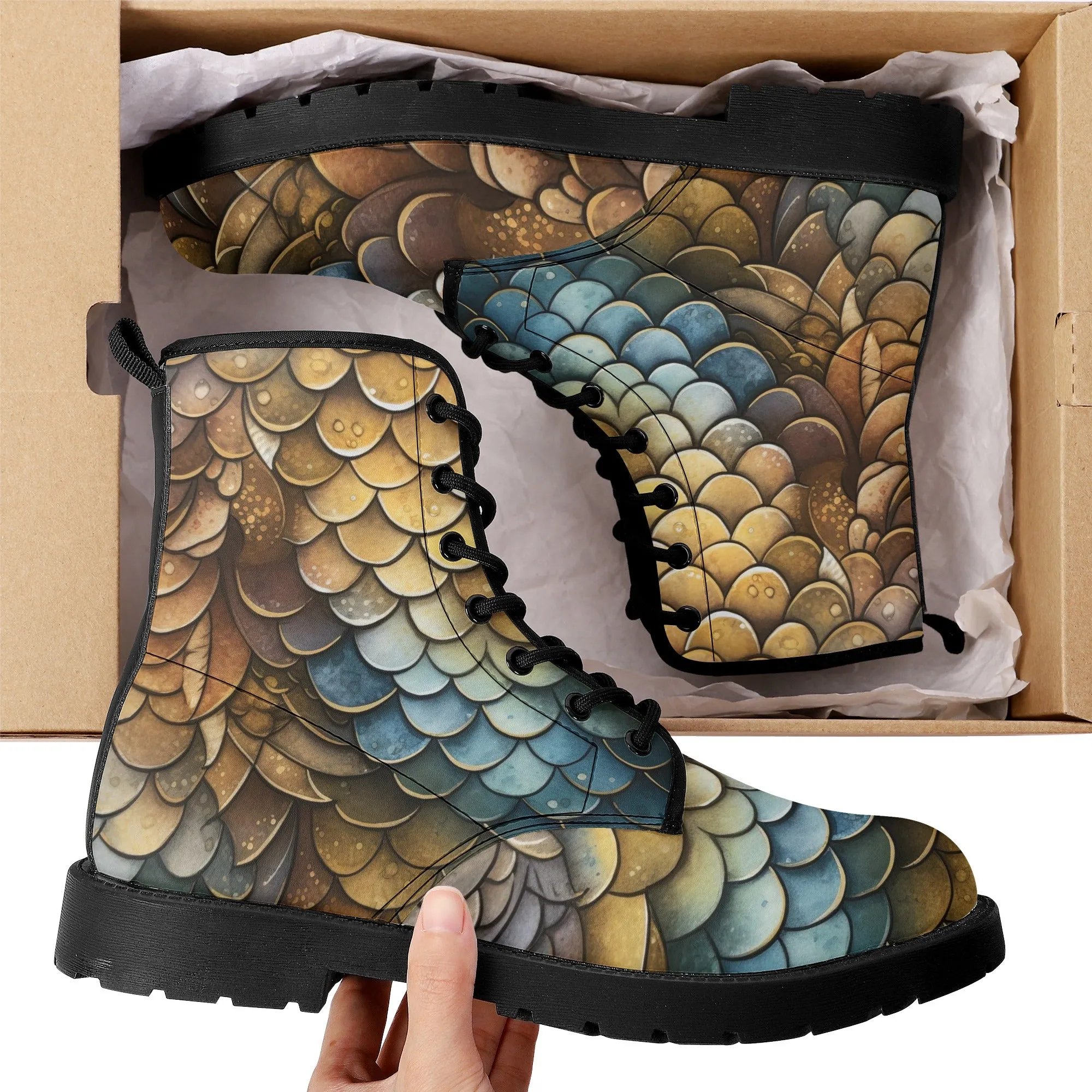 Dragon Scales Brown Blue Womens Vegan Boots