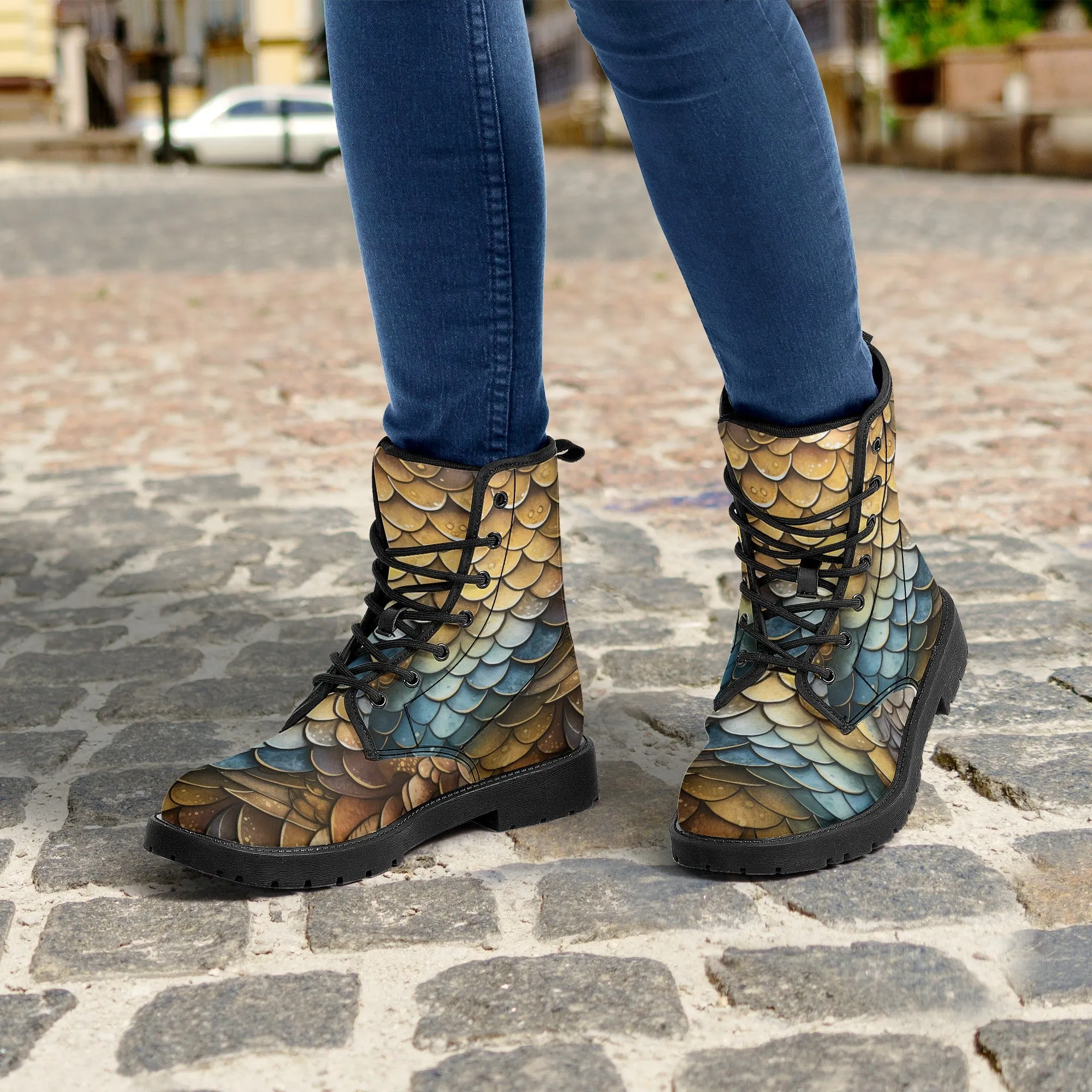 Dragon Scales Brown Blue Womens Vegan Boots