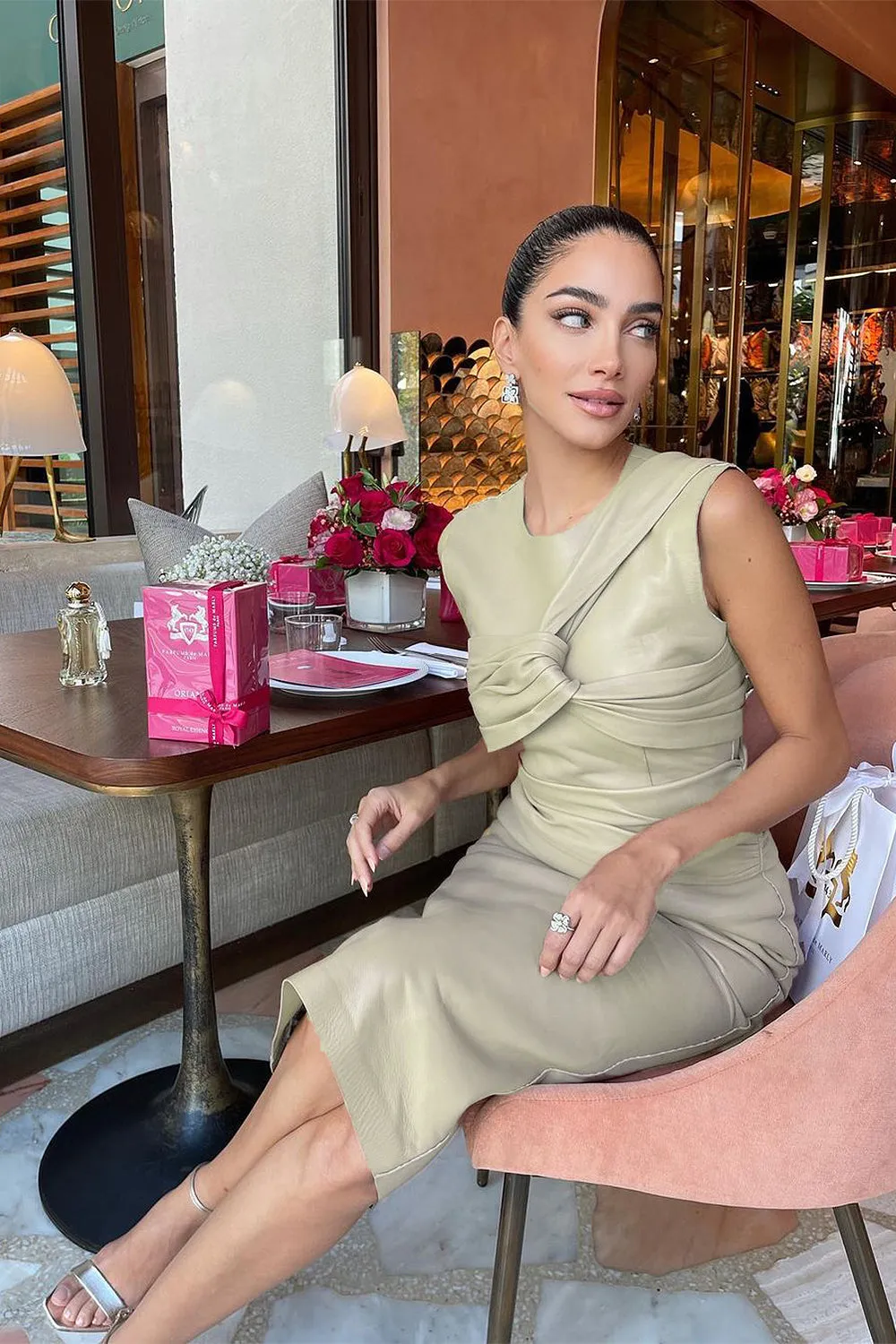 Draped PU LeaTher Midi Dress
