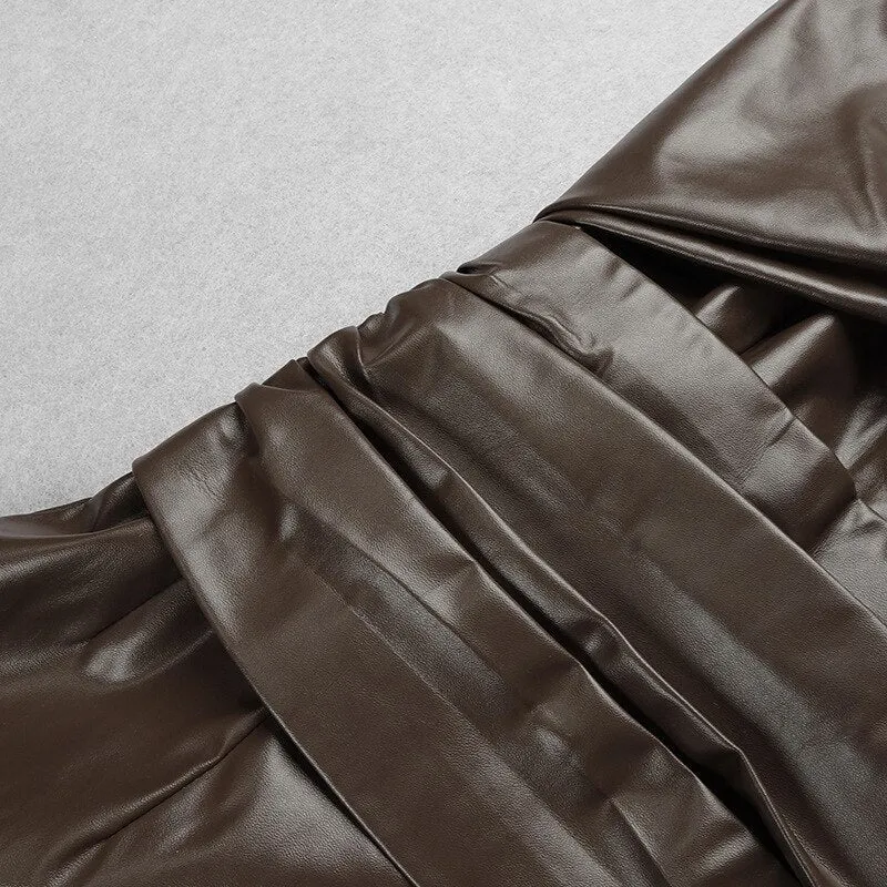 Draped PU LeaTher Midi Dress