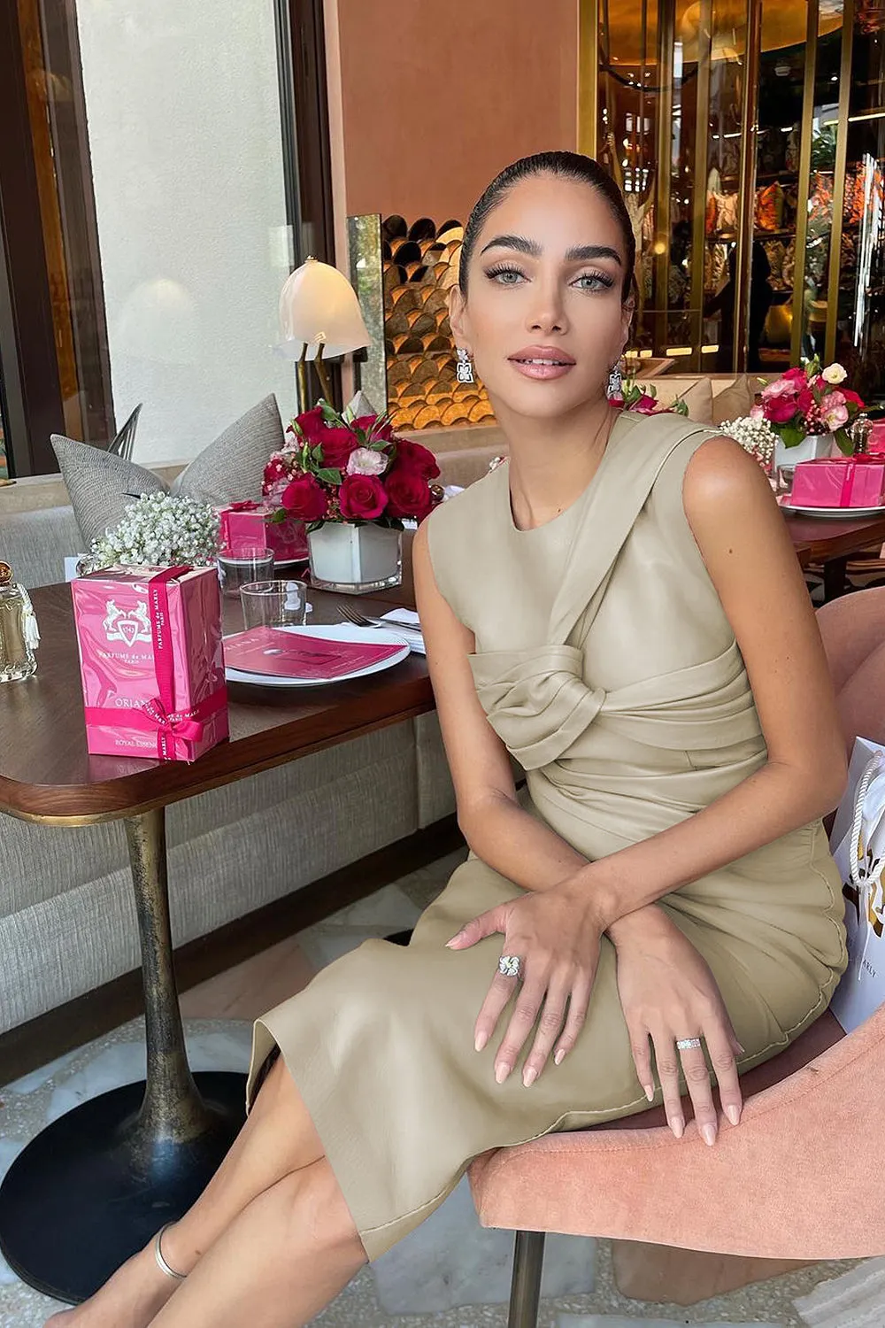 Draped PU LeaTher Midi Dress