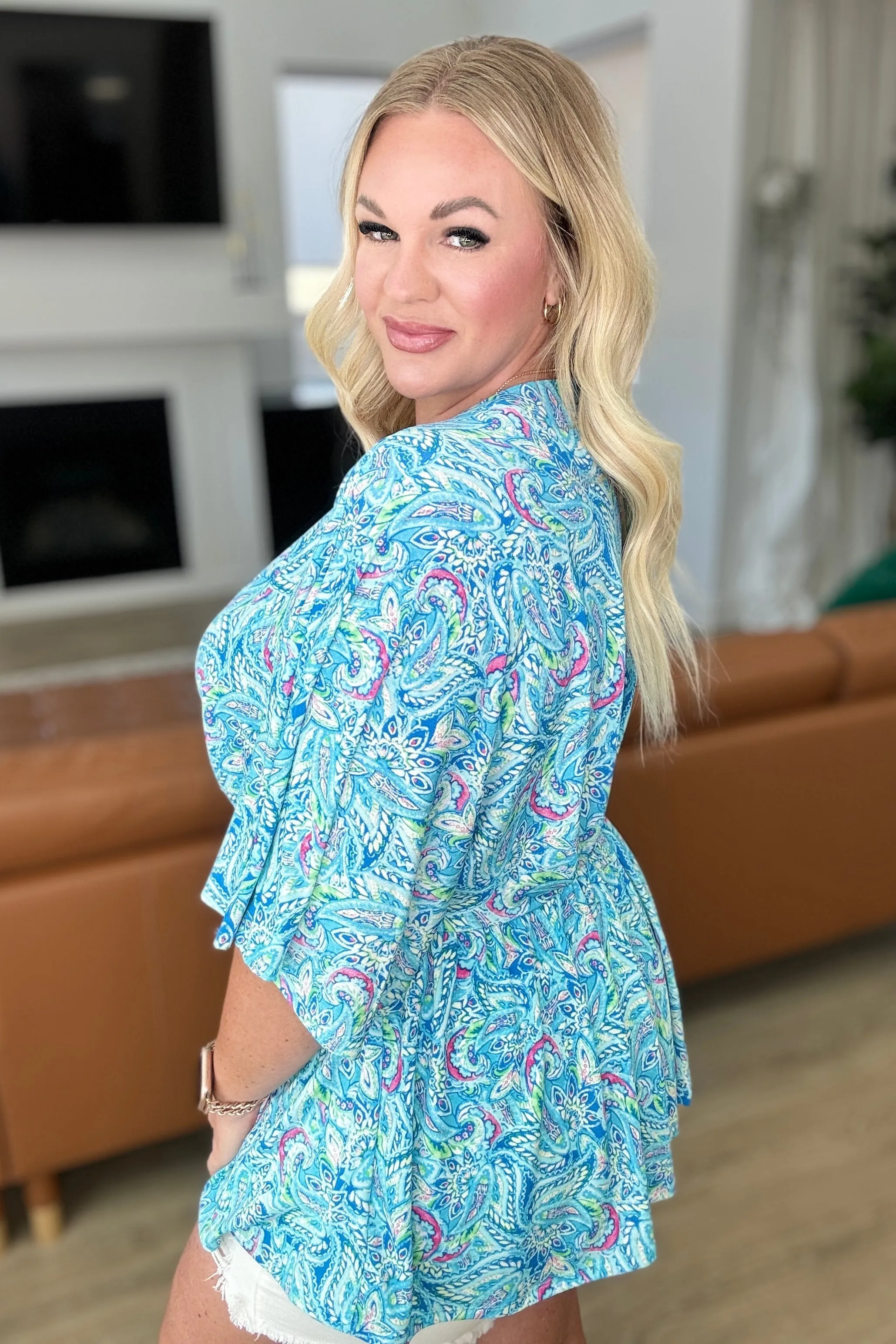 Dreamer Peplum Top in Blue and Teal Paisley