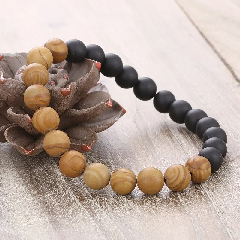 Dual Color Natural Wood and Stone Beads Bracelet