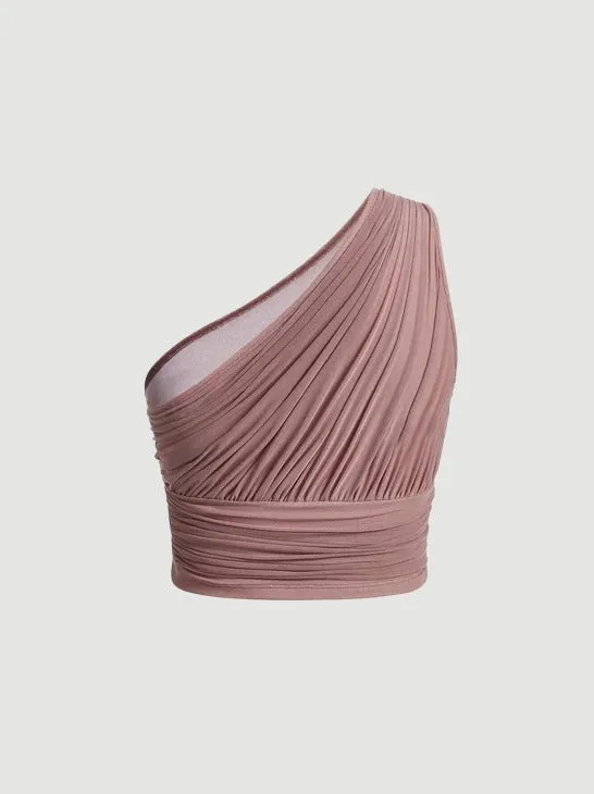 Dusty Pink One Shoulder Ruched Red Slim Fit Crop Top