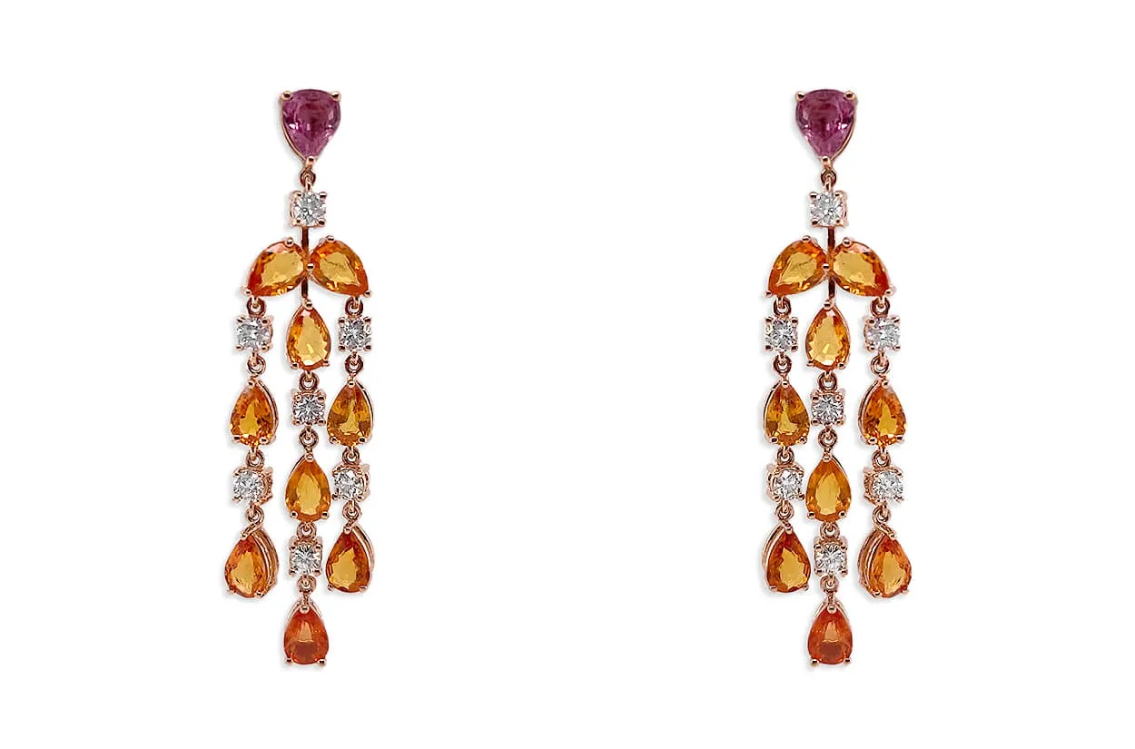 Earrings 18kt Gold Orange Pear Sapphires & Diamonds Chandelier