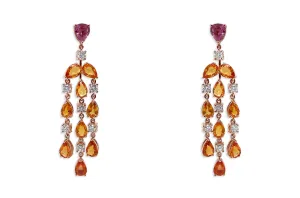 Earrings 18kt Gold Orange Pear Sapphires & Diamonds Chandelier