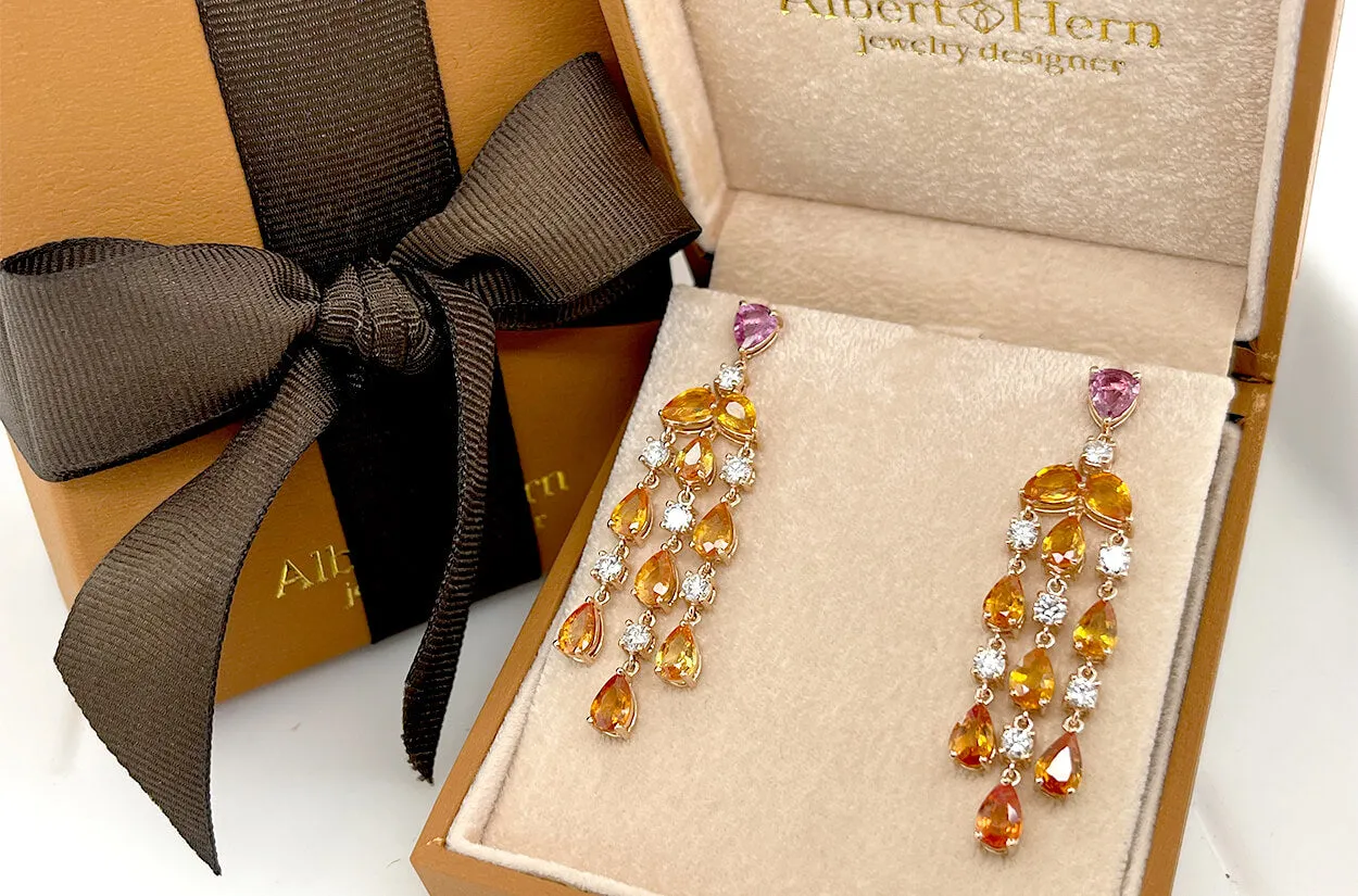Earrings 18kt Gold Orange Pear Sapphires & Diamonds Chandelier