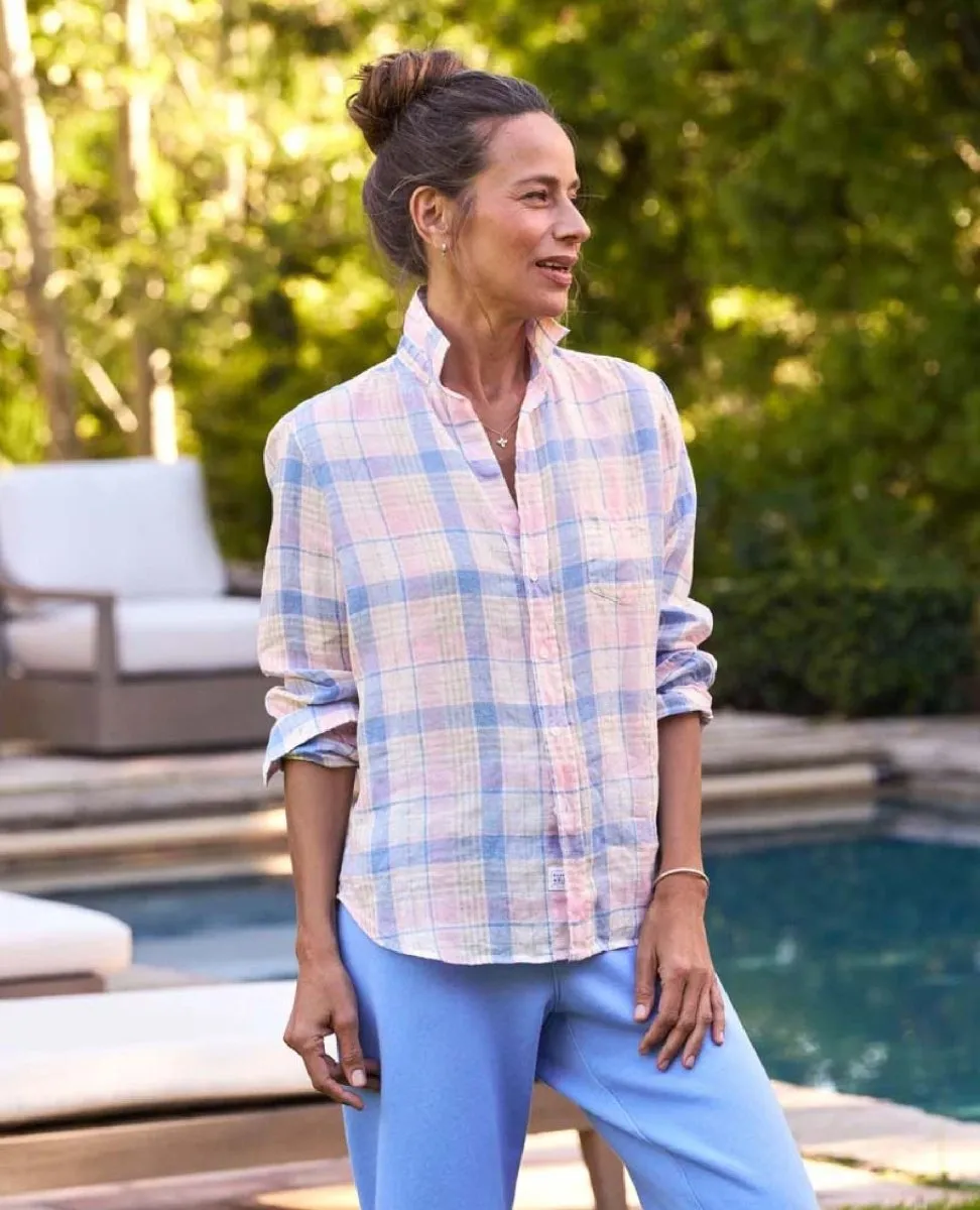 Eileen Linen Shirt Pink Sand Blue Plaid