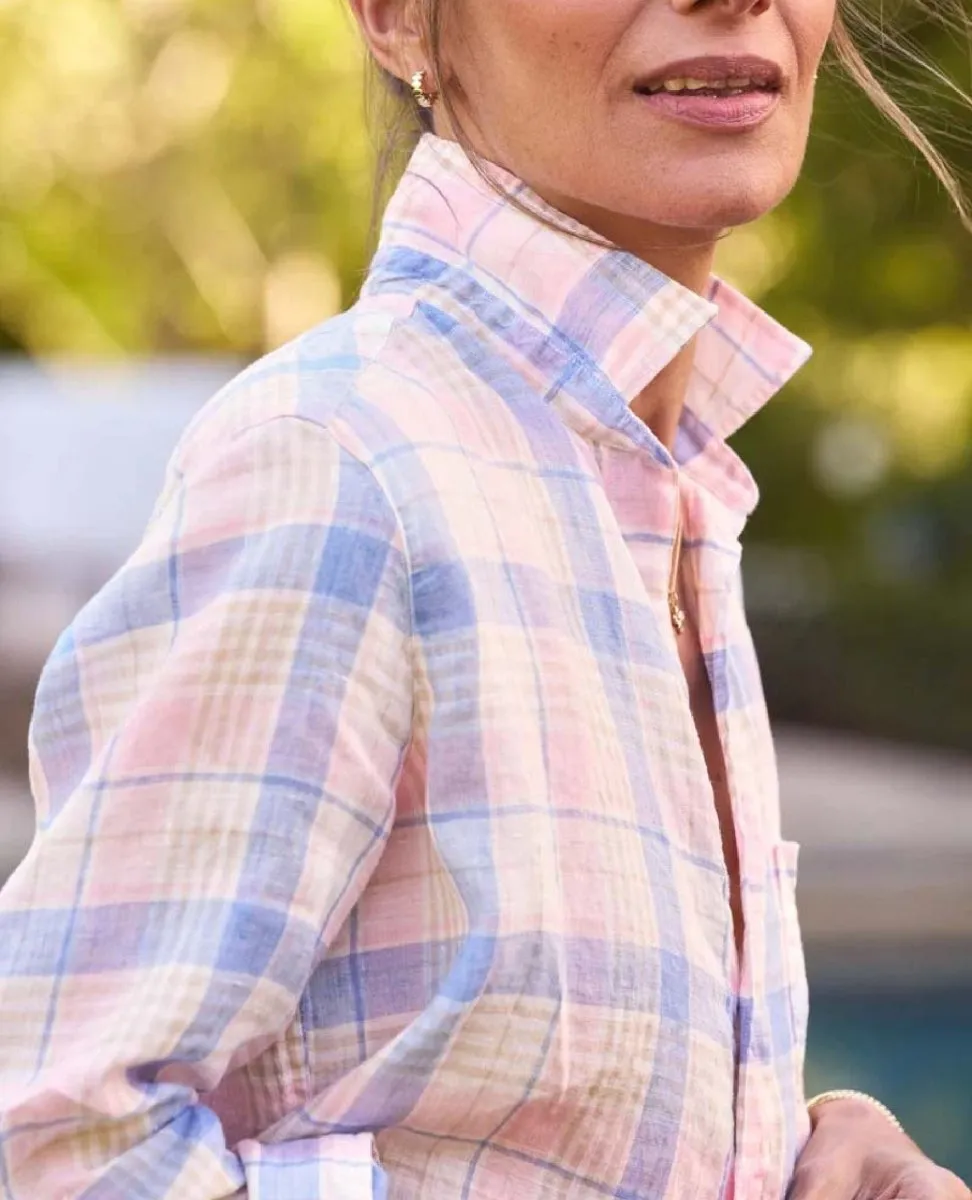 Eileen Linen Shirt Pink Sand Blue Plaid