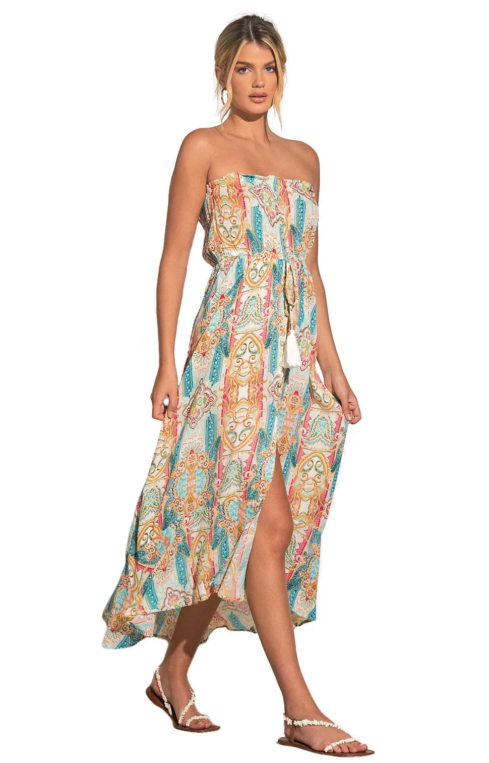ELAN Strapless Maxi Dress Beach Cover-up Blue Ibiza Print