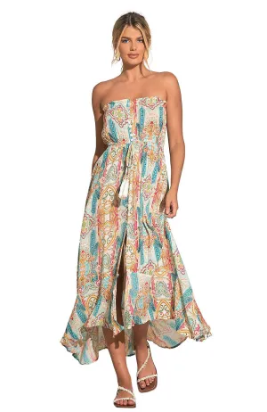 ELAN Strapless Maxi Dress Beach Cover-up Blue Ibiza Print