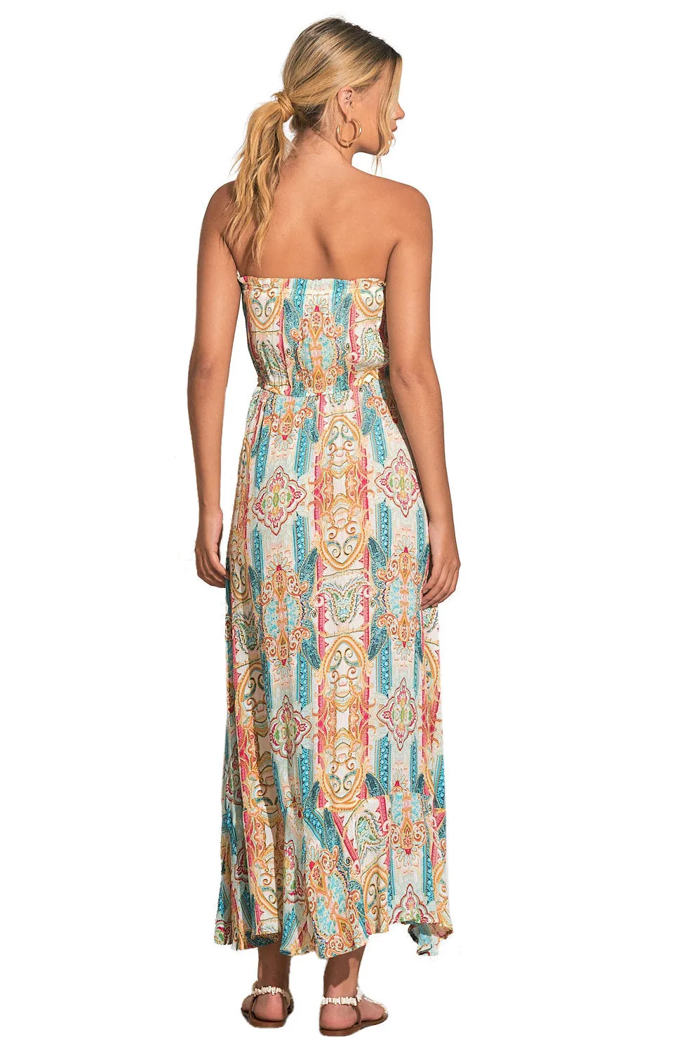 ELAN Strapless Maxi Dress Beach Cover-up Blue Ibiza Print
