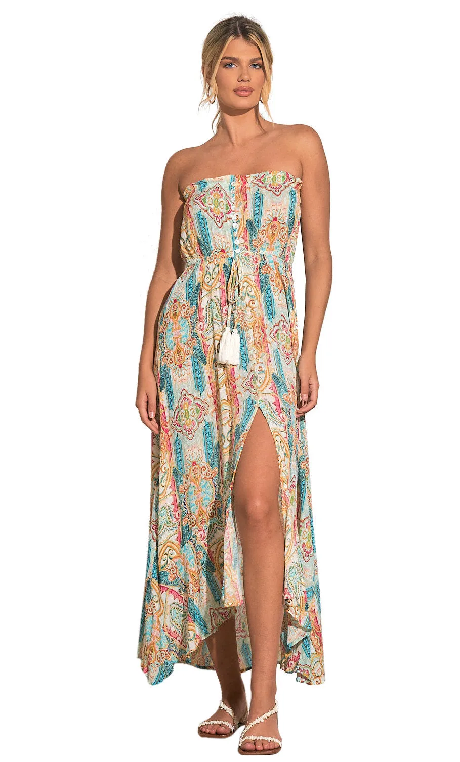 ELAN Strapless Maxi Dress Beach Cover-up Blue Ibiza Print