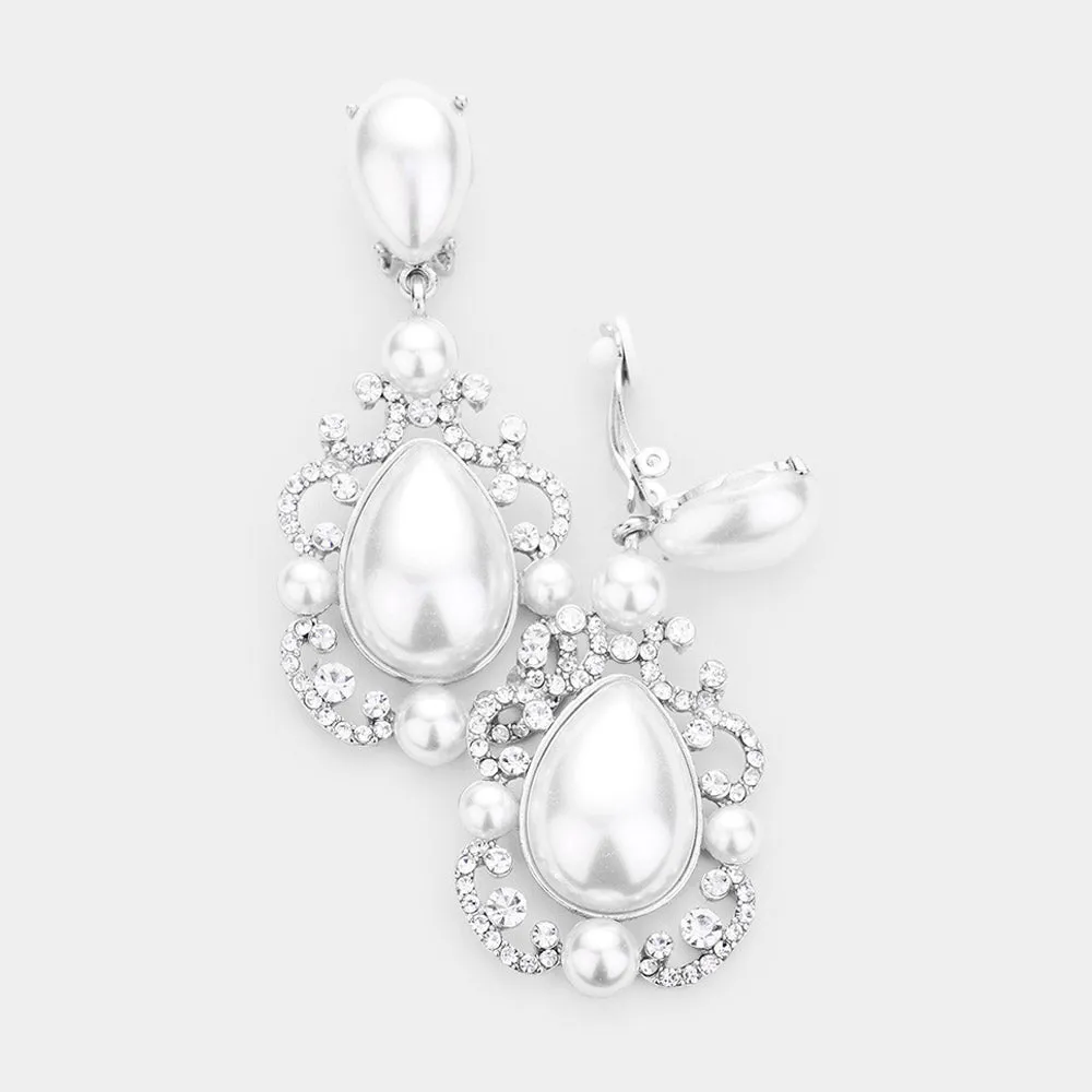 Elegant White Crystal Teardrop Dangle Clip On Earrings   | 462673