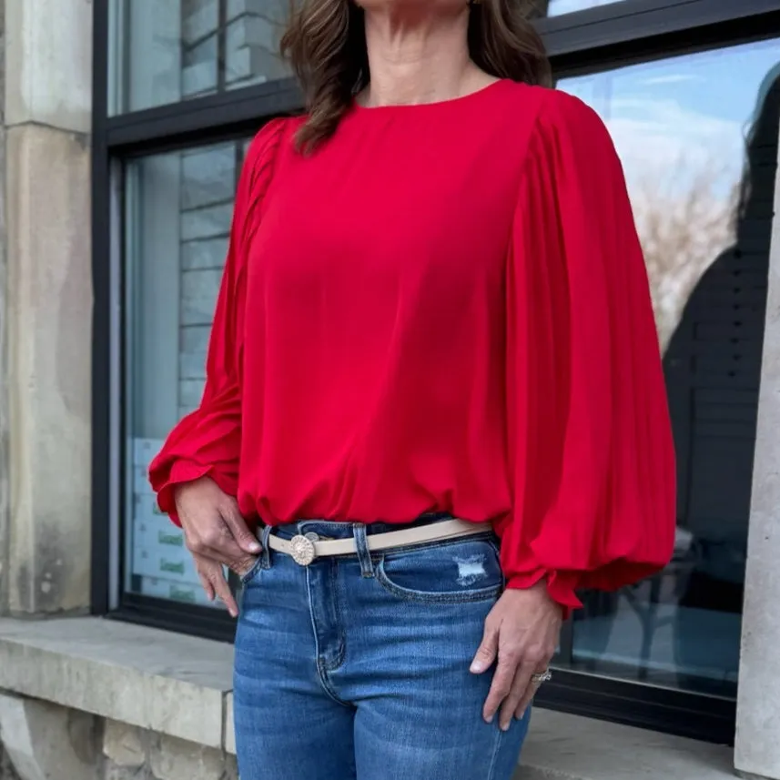 Elissa Round Neckline Pleated Long Sleeve Blouse