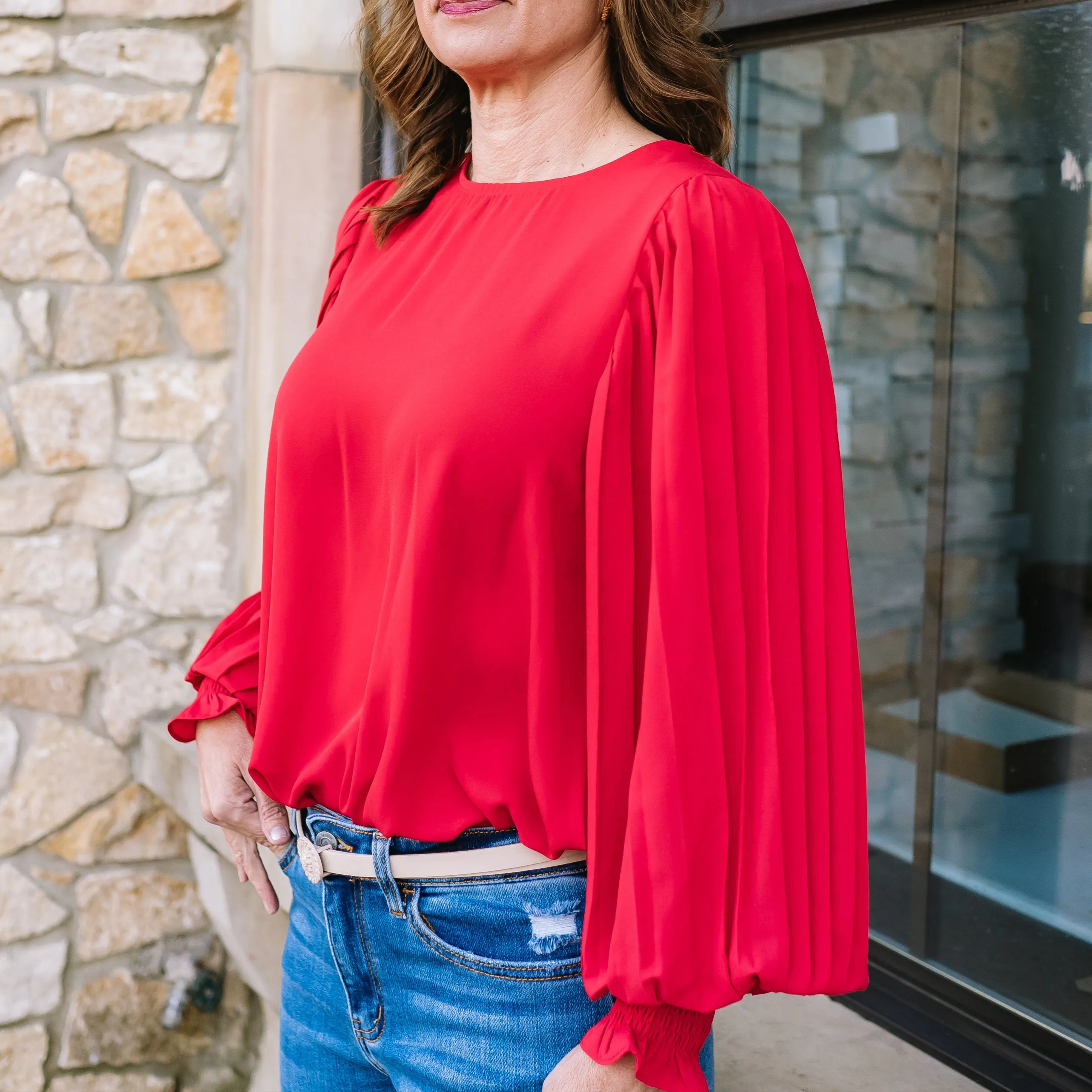 Elissa Round Neckline Pleated Long Sleeve Blouse