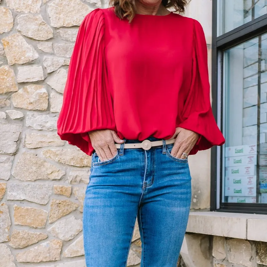 Elissa Round Neckline Pleated Long Sleeve Blouse