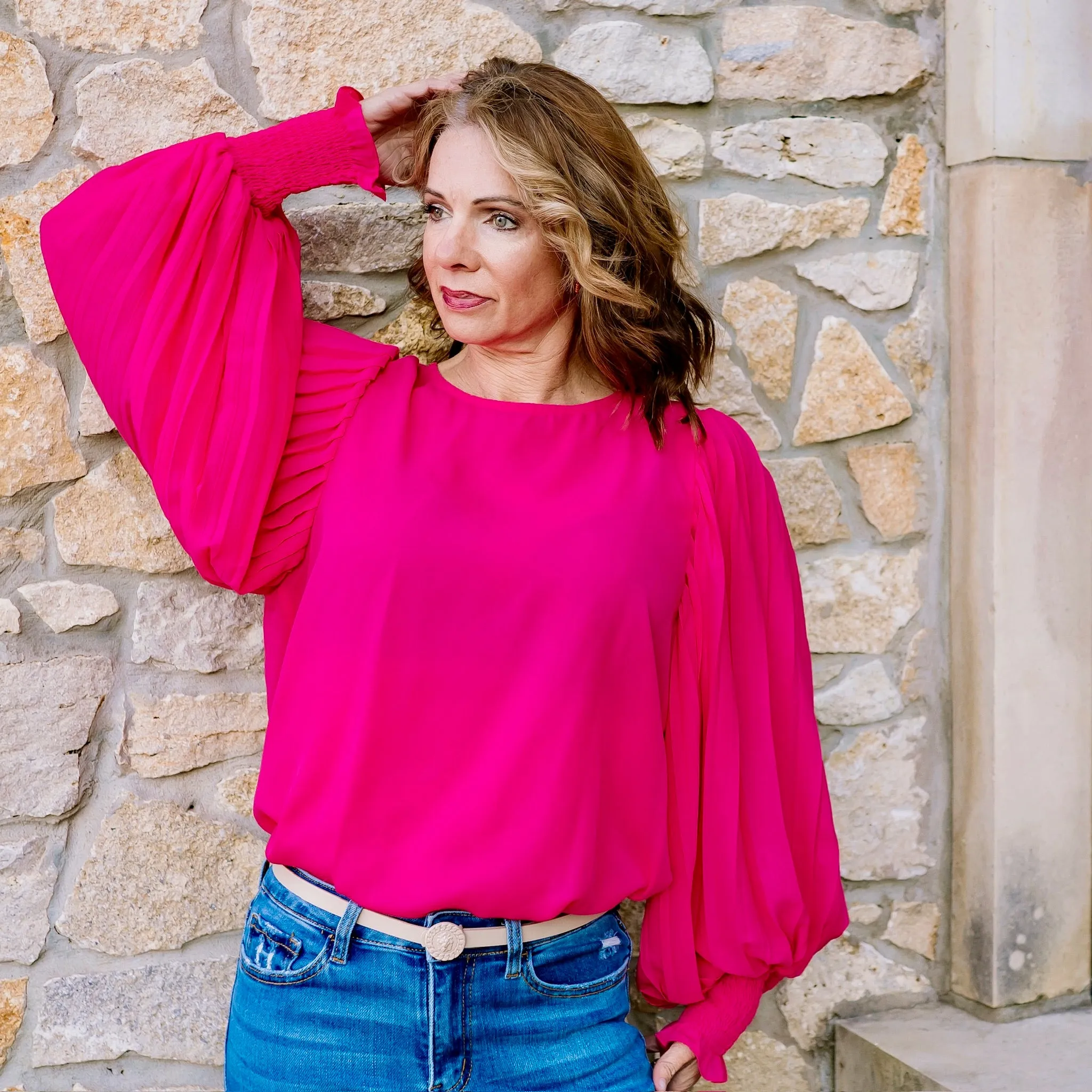 Elissa Round Neckline Pleated Long Sleeve Blouse