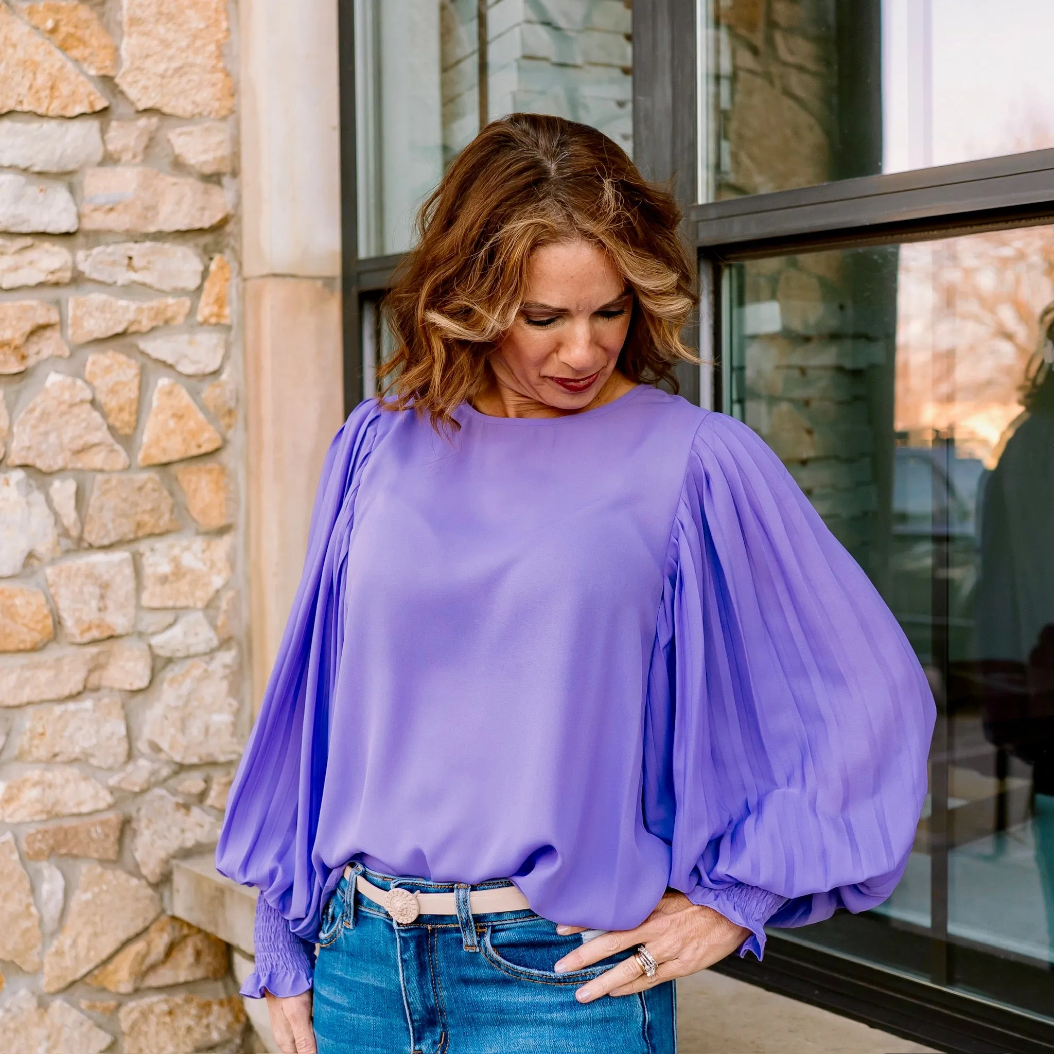 Elissa Round Neckline Pleated Long Sleeve Blouse