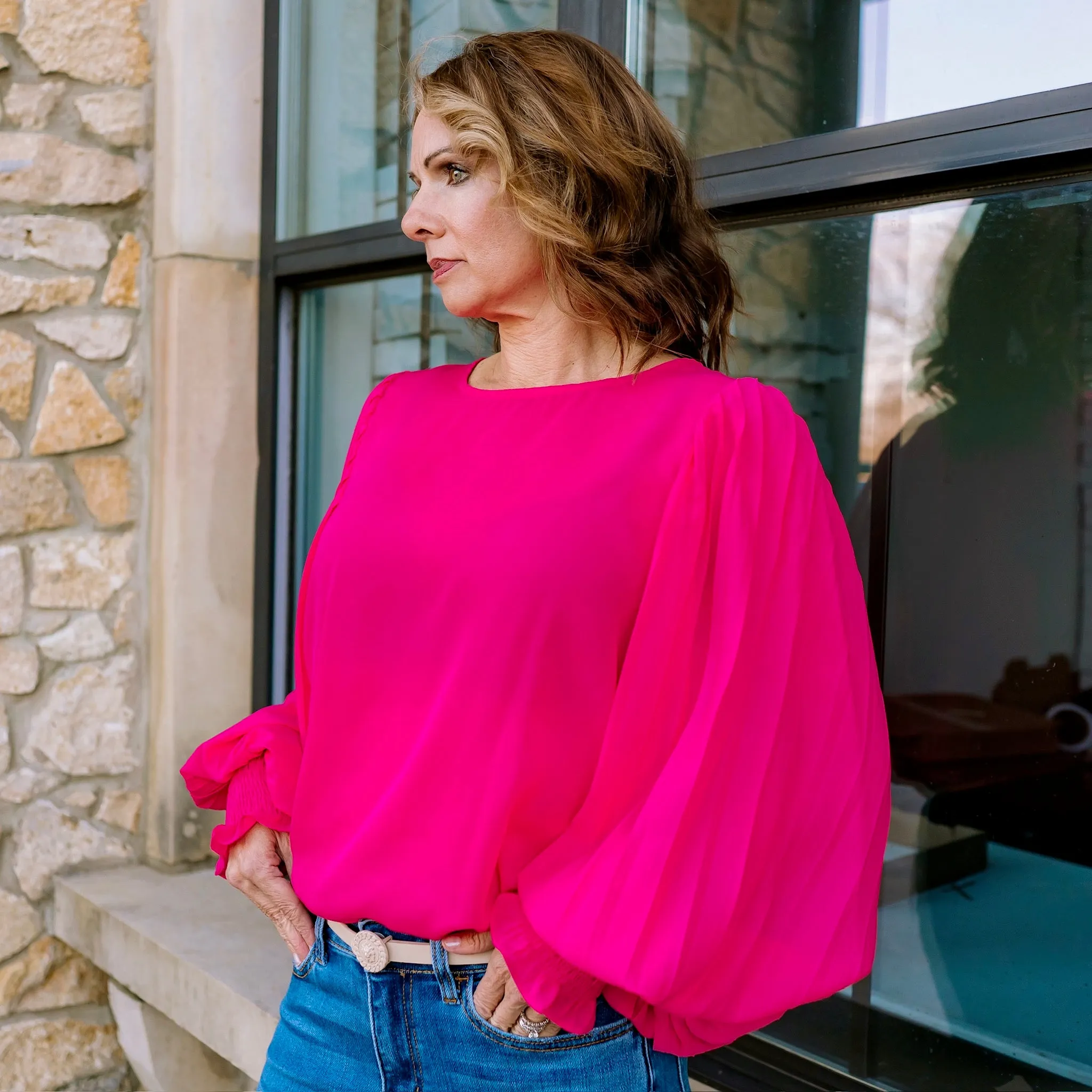 Elissa Round Neckline Pleated Long Sleeve Blouse