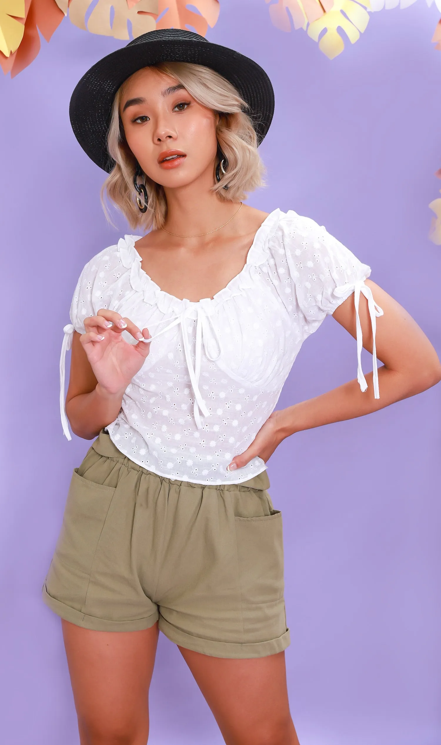 ELOISE Puff-Sleeve Eyelet Top (White)