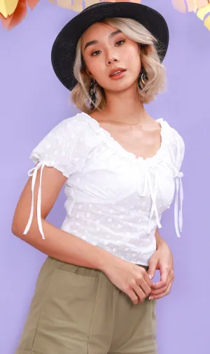 ELOISE Puff-Sleeve Eyelet Top (White)