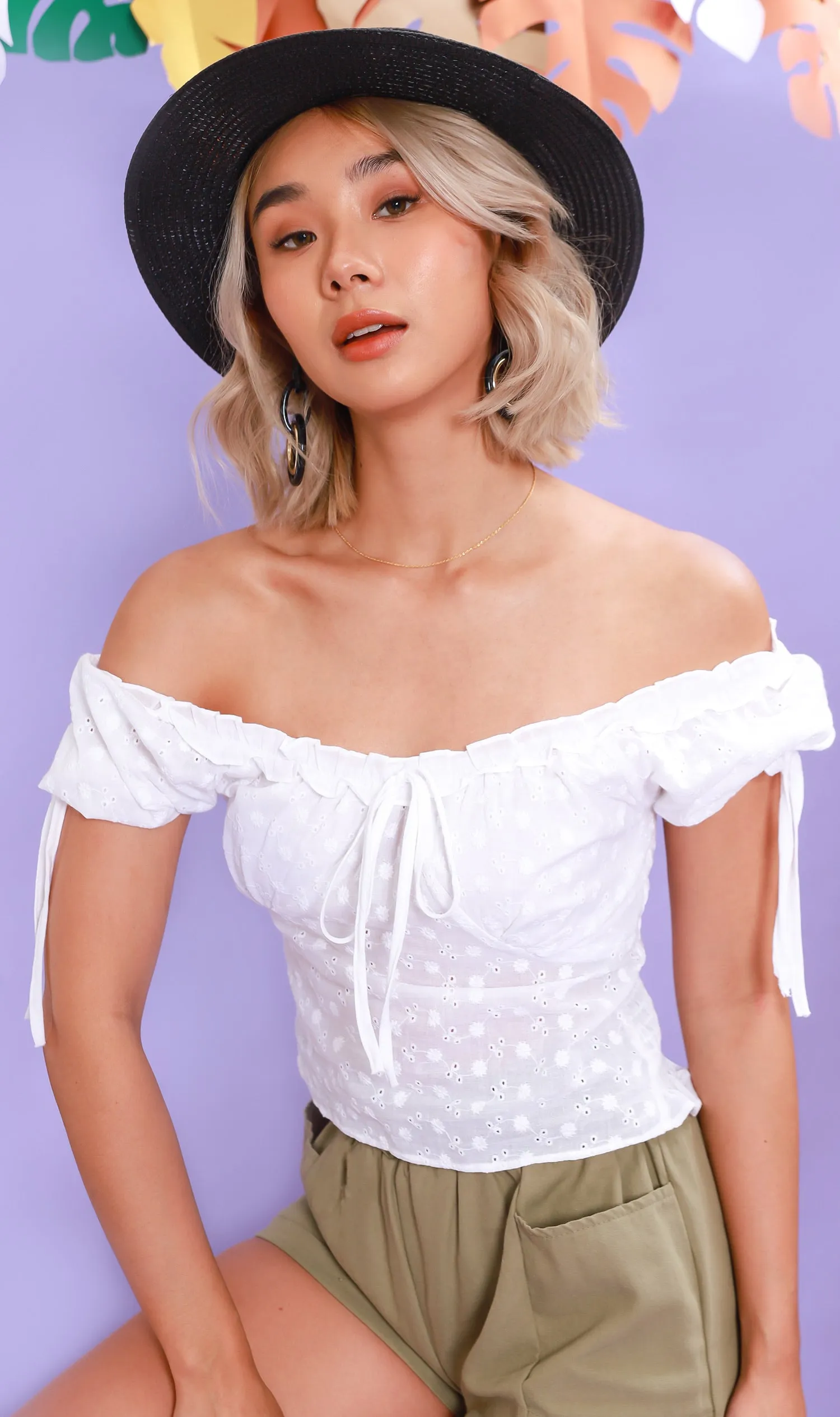 ELOISE Puff-Sleeve Eyelet Top (White)