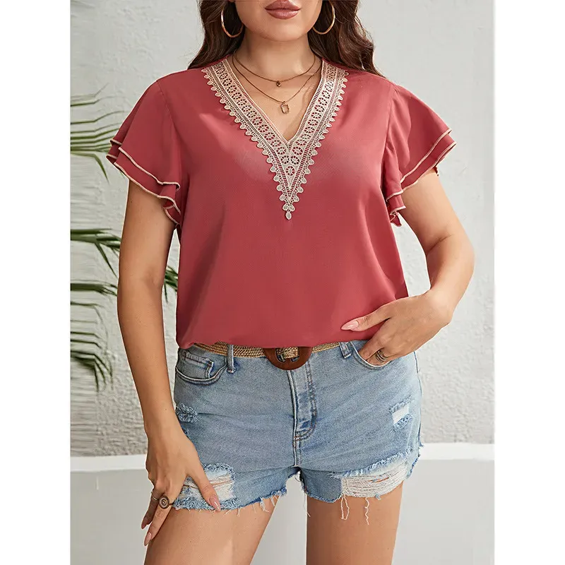 Elysian Plus Size Lace-Trimmed Ruffle Sleeve V-Neck Blouse