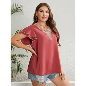 Elysian Plus Size Lace-Trimmed Ruffle Sleeve V-Neck Blouse