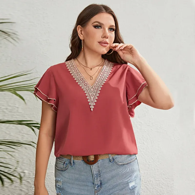 Elysian Plus Size Lace-Trimmed Ruffle Sleeve V-Neck Blouse
